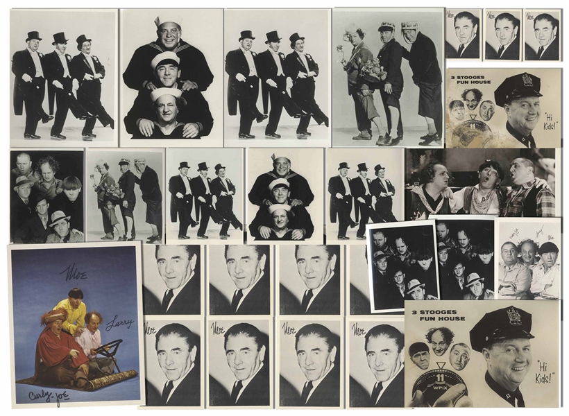 Large Lot of 119 Promotional Photos of Moe Howard & The Three Stooges -- Most Measure 4'' x 5'' With Either Curly or Shemp, Though Besser & Curly Joe Are Included in Some -- Most Are Near Fine